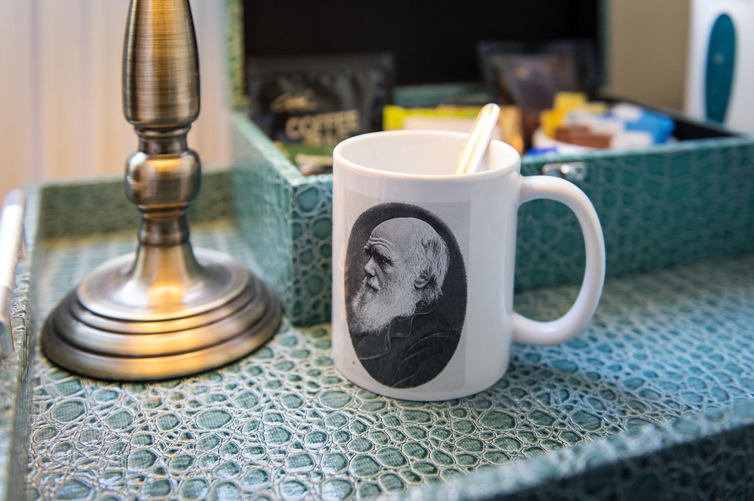 Darwin'S Townhouse Panzió Shrewsbury Szoba fotó A mug with a portrait of Darwin
